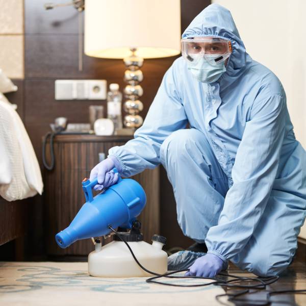 Technician in blue protective suit, face mask, and goggles disinfecting or fumigating a carpeted area in a room.